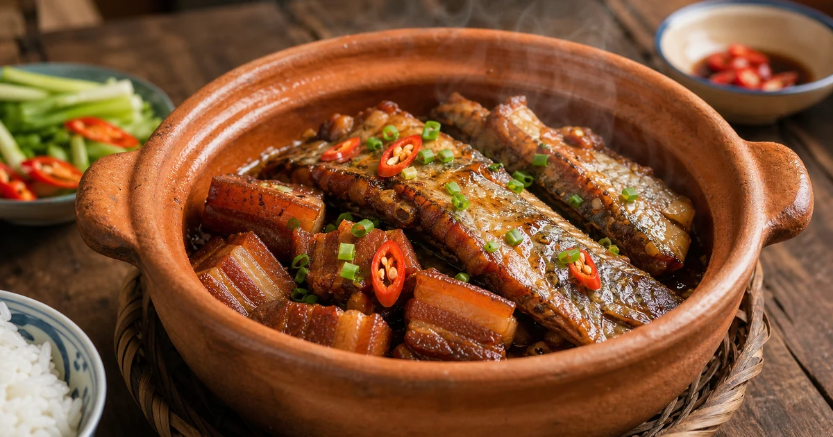 Nồi cá đù một nắng kho thịt ba rợi sánh vàng, nước sốt đậm đà, hành lá rắc trên, cơm trắng bên cạnh