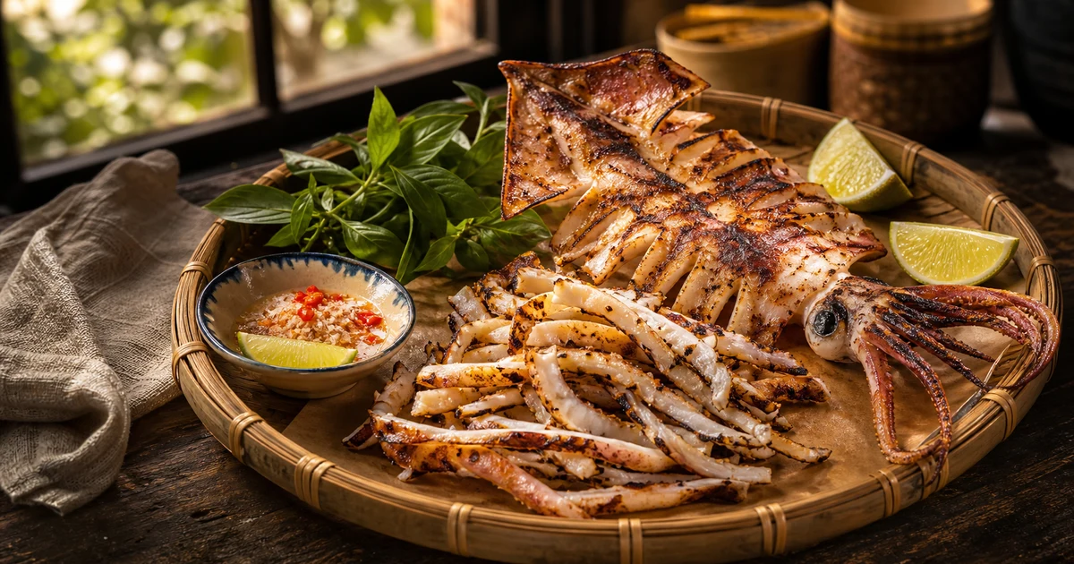 Mực một nắng ram muối da giòn rắc muối ớt, chanh tươi, cơm trắng