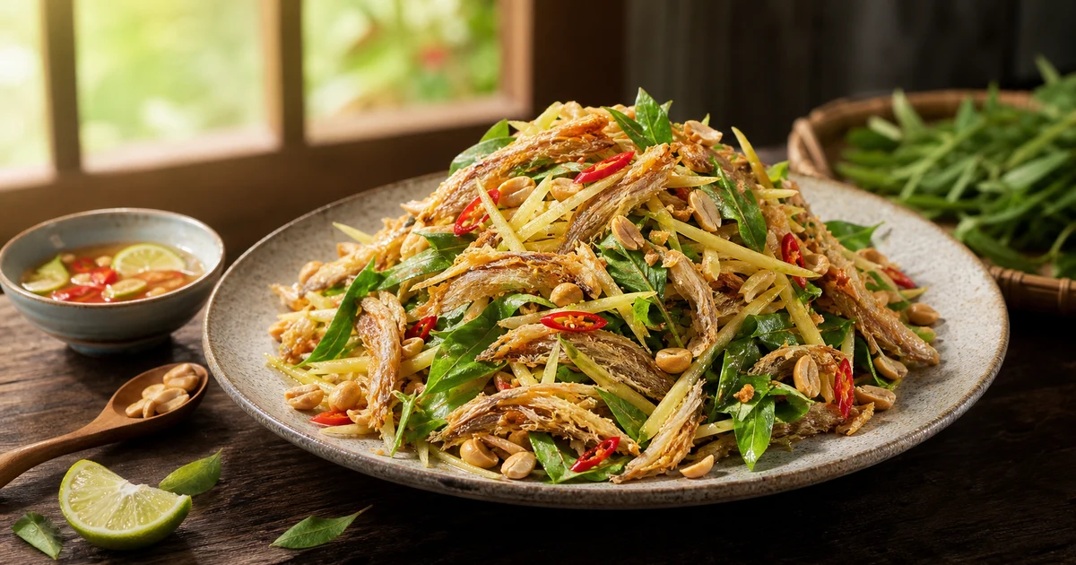 Mở gói lá chuối — cá đù một nắng gói xoài nướng than chín vàng, thịt beo hòa vị chua thanh