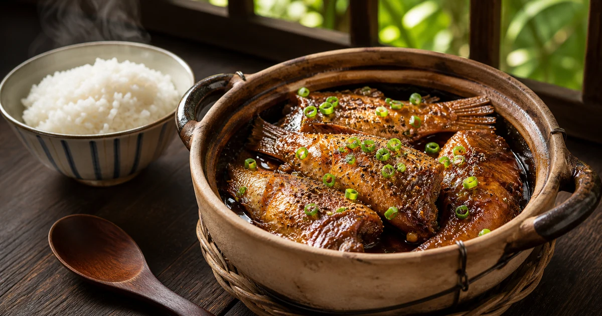 Đĩa cá đù một nắng rim nước mắm tỏi ớt caramel, lớp sốt sánh bóng bám quanh miếng cá, rắc ớt và hành lá, ăn kèm cơm trắng
