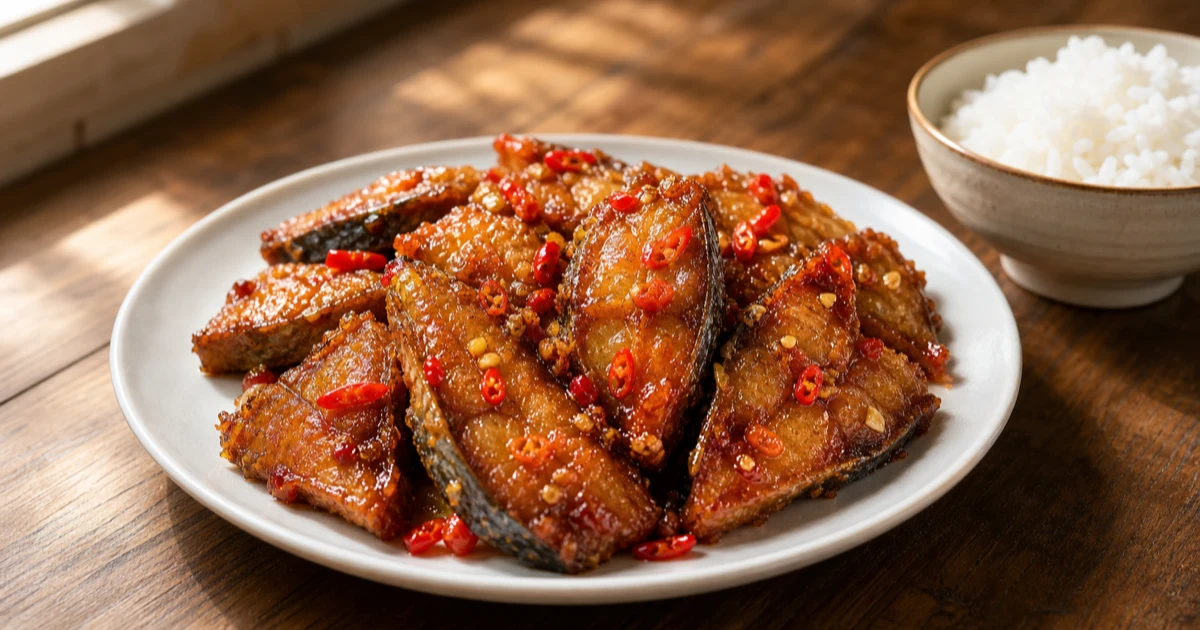 Cá thu một nắng chiên vàng rim cùng ớt đỏ, miếng cá thấm sốt bóng óng trên đĩa trắng