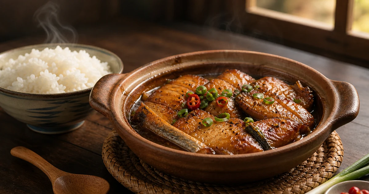 Nồi đất kho cá basa một nắng với măng chua, nước kho sánh vàng, rắc hành lá ớt tươi, ăn kèm cơm trắng bốc khói