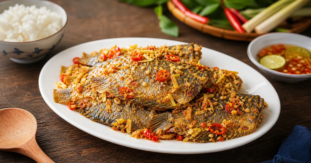 Đĩa cá sặc một nắng xào khổ qua, miếng cá vàng nâu, khổ qua xanh mướt, tỏi phi thơm, nền gỗ mộc mạc