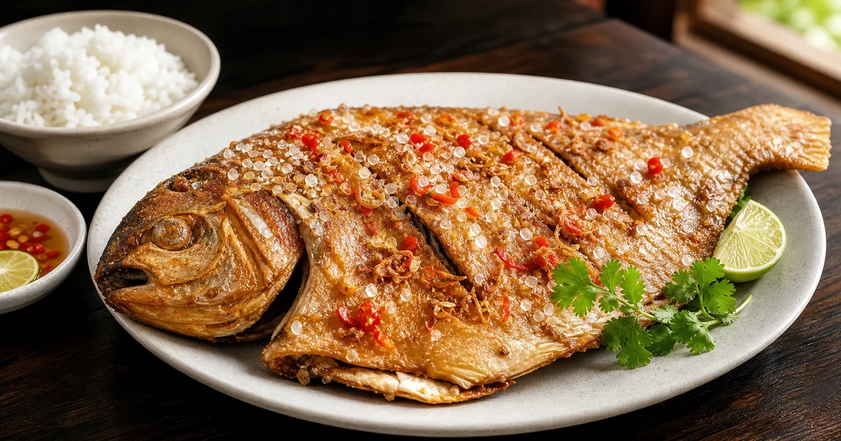 Cá dứa một nắng nướng muối ớt vàng ruộm trên đĩa sứ, chén nước mắm ớt, cơm trắng và chanh cắt khoanh bên cạnh