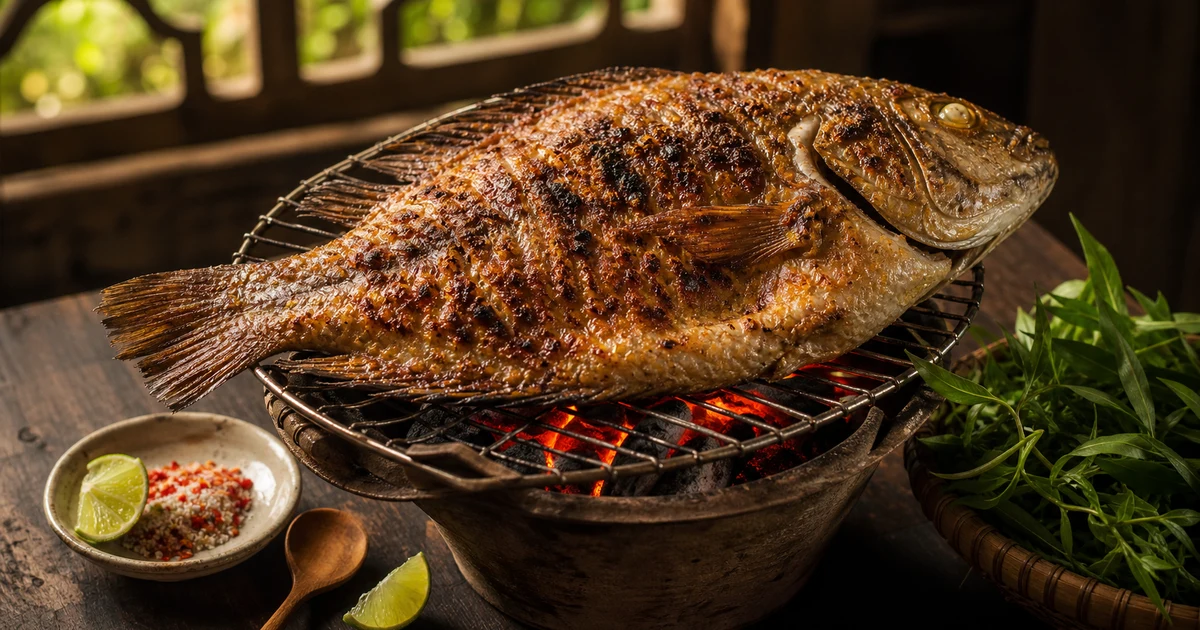 Con cá dứa một nắng nướng vàng ruộm trên bếp than hoa, chén muối ớt bên cạnh, rau thơm và chanh cắt khoanh, phong cách ẩm thực dân dã miền biển