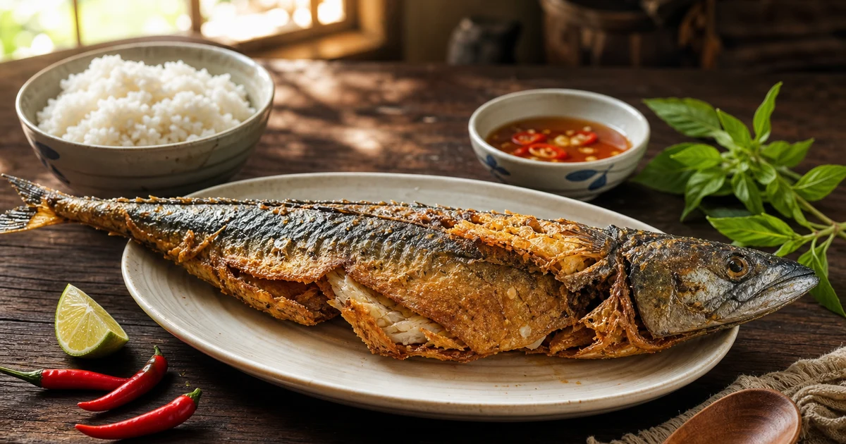 Cá thu một nắng chiên xù vàng ươm da phồng giòn, kèm cơm trắng chén nước mắm chanh ớt và ớt tươi đỏ trên mặt gỗ