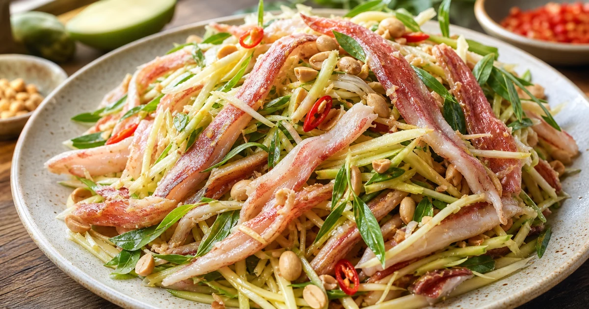Đĩa gỏi xoài xanh với mực một nắng xé sợi vàng, rau răm, húng quế, đậu phộng rang và nước mắm chua ngọt