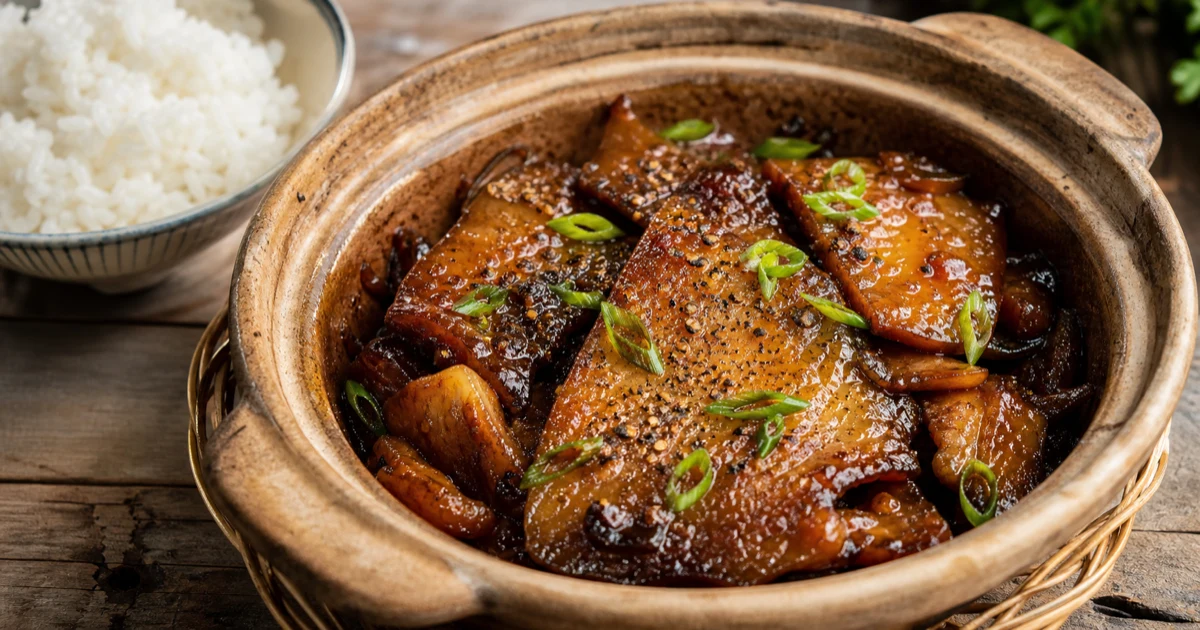 Nồi cá đuối một nắng kho tiêu sánh nước caramel nâu đậm, tiêu đen rắc rõ, hành lá xanh cắt khúc, dọn với cơm trắng nóng