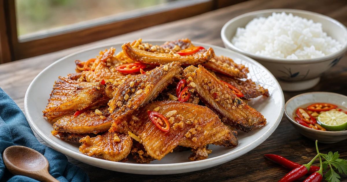 Cá đù chiên vàng với tỏi ớt, ăn cùng cơm trắng và nước chấm