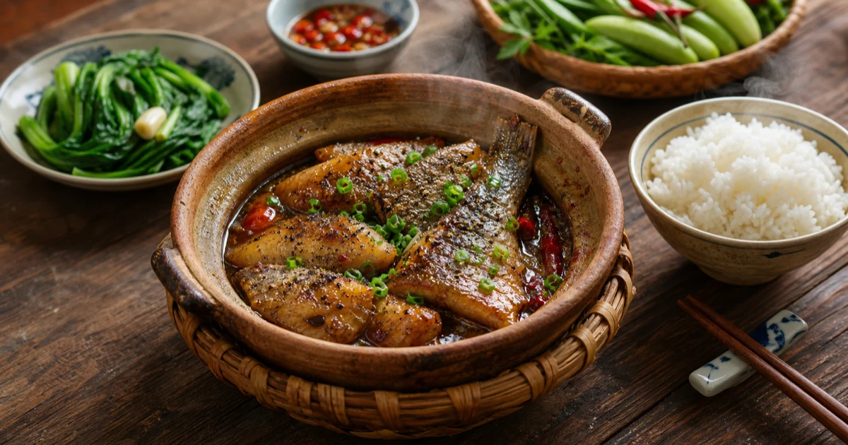 Cá đù kho tộ trong nồi đất, cạnh rau xào, cơm trắng và ớt đỏ trên bàn gỗ