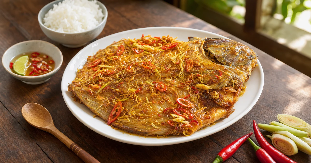 Cá dứa một nắng rim me chua ngọt trong chảo nhỏ, sốt me sánh vàng nâu bám từng khoanh cá