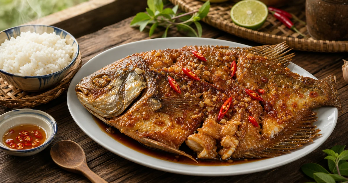 Cá dứa một nắng rim me chua ngọt trong chảo nhỏ, sốt me sánh vàng nâu bám từng khoanh, hành lá phi thơm