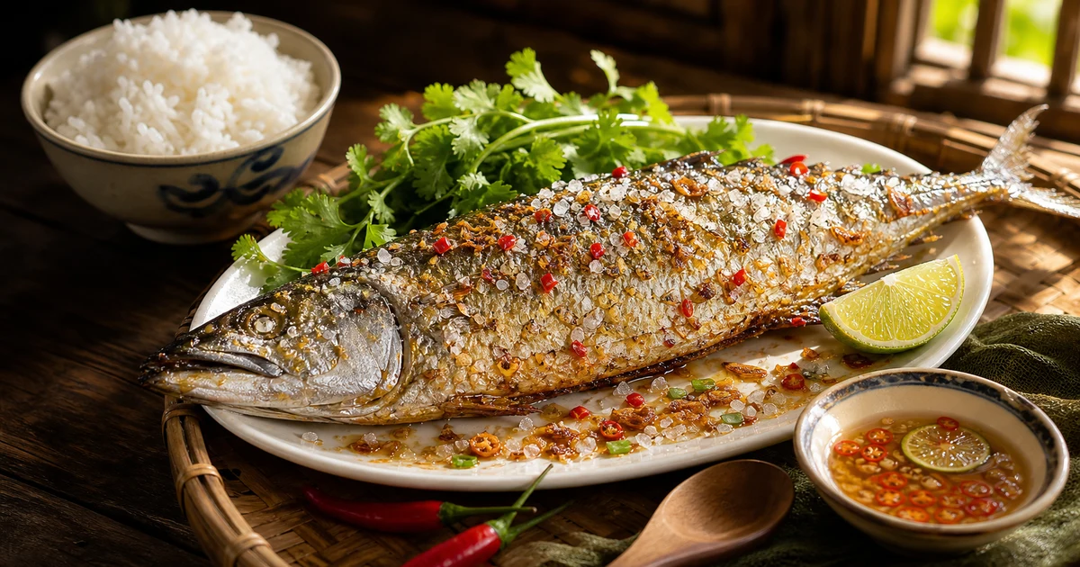 Nồi đất kho cá thu một nắng với măng tươi, nước kho sánh nâu cánh gián, hành lá xanh rắc trên, chén cơm nóng bên cạnh