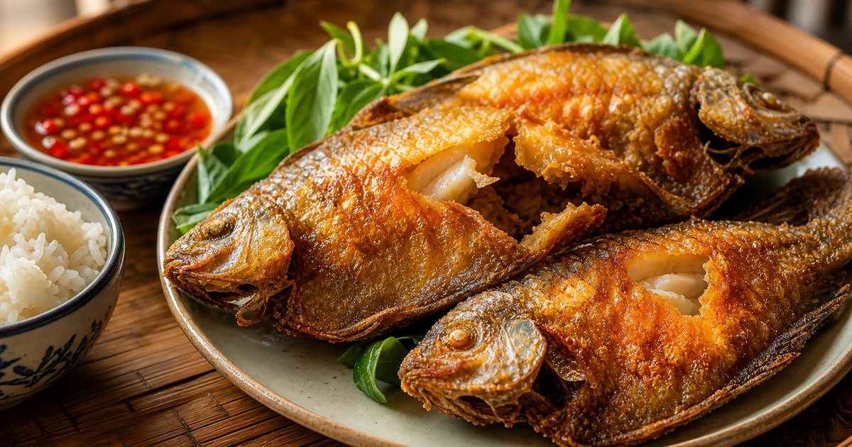 Đĩa cá sặc một nắng hấp hành xì dầu, thịt trắng mềm beo, hành lá xanh và gừng sợi rắc trên, chén nước mắm tiêu ớt bên cạnh, cơm nóng bên cạnh