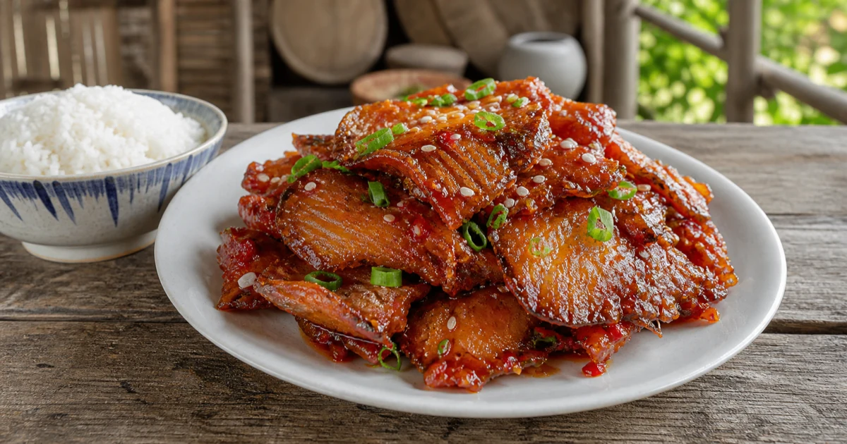 Đĩa cá lưỡi trâu rang sốt đỏ bóng với mè và hành lá