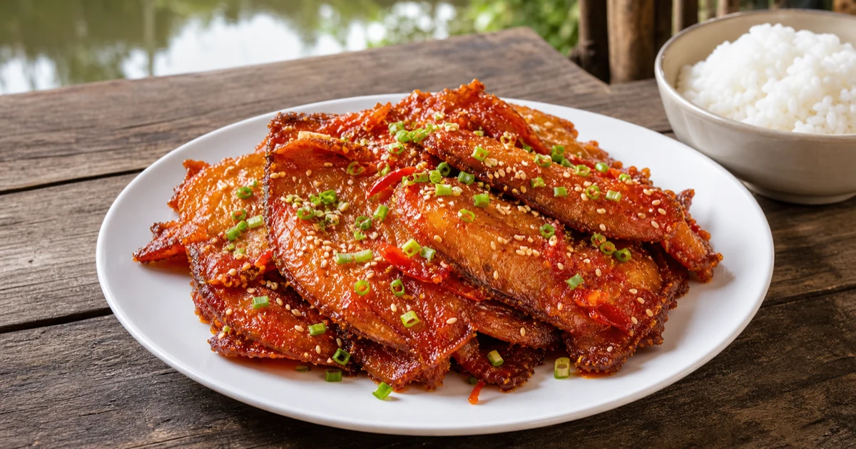 Đĩa cá lưỡi trâu rang sốt đỏ bóng, rắc mè và hành lá, đặt cạnh bát cơm trắng trên bàn gỗ