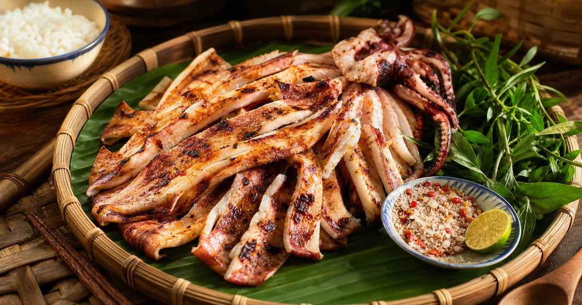 Mực một nắng sốt me chua ngọt trên mẹt tre, vành me vàng dịu phủ lên từng khoanh mực dai ngọt, ăn kèm cơm trắng