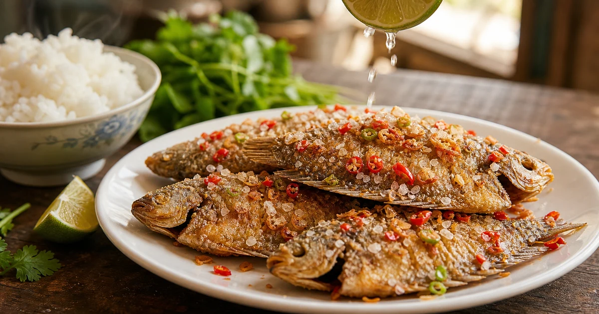 Ba con cá sặc một nắng nướng than vàng giòn, da cháy xém nhẹ trên đĩa gốm