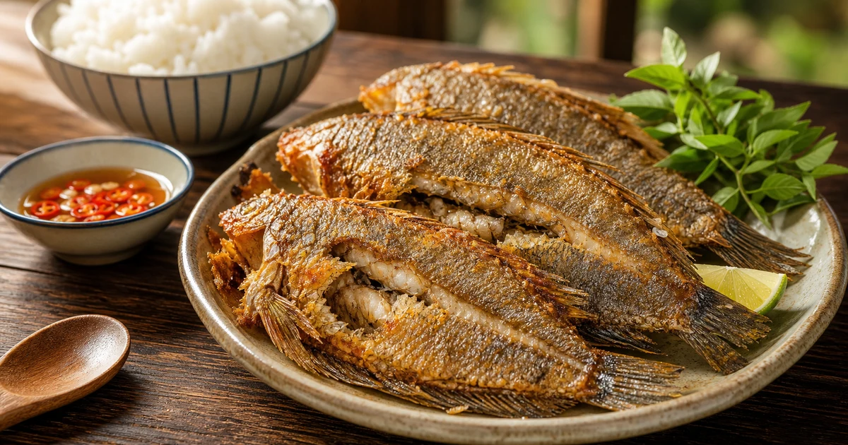 Ba con cá sặc một nắng nướng than vàng giòn xếp trên đĩa gốm, da cháy xém nhẹ, thịt beo ngọt, chấm nước mắm ớt chanh bên cạnh trên mặt gỗ mộc.