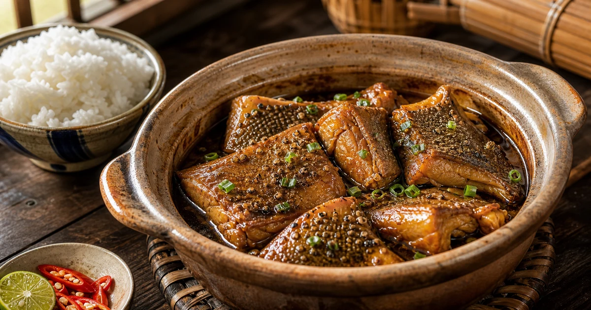 Nồi đất kho cá đuối một nắng rim me chua ngọt, miếng cá phủ glaze nâu óng, hành lá rắc bên trên, chén cơm trắng bên cạnh