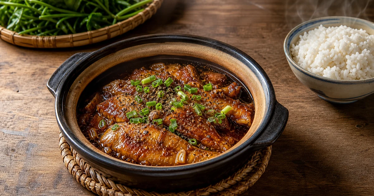 Nồi đất cá đù một nắng hấp bia với nước sốt nâu óng, hành lá xắt nhuyễn rắc trên mặt, bên cạnh là chén cơm trắng và rổ rau muống