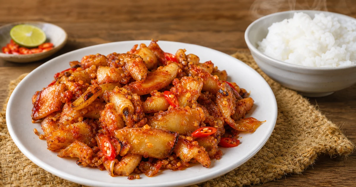 Khoanh mực một nắng chiên mắm đỏ ớt ướt bóng bày trên đĩa trắng, thịt dai ngọt thấm gia vị, ăn kèm cơm trắng và chanh ớt