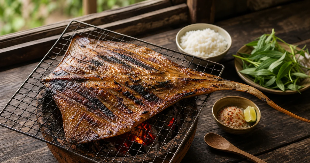 Cá đuối một nắng nướng sả ớt trên vỉ than hoa, lớp da vàng sẫm có vết cháy xém, muối ớt chanh và rau thơm bên cạnh