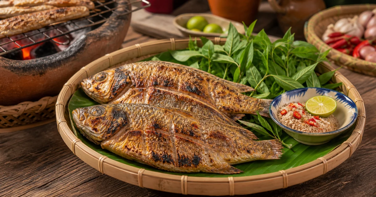 Hai con cá đù một nắng nướng giòn vàng đặt trên mẹt tre, kèm chén muối chanh ớt và lá lốt tươi