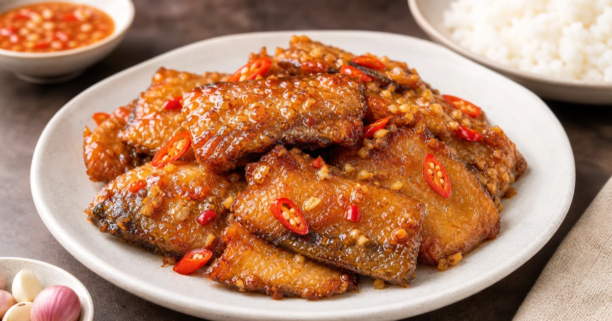 Cá basa một nắng chiên sốt tỏi ớt trên đĩa