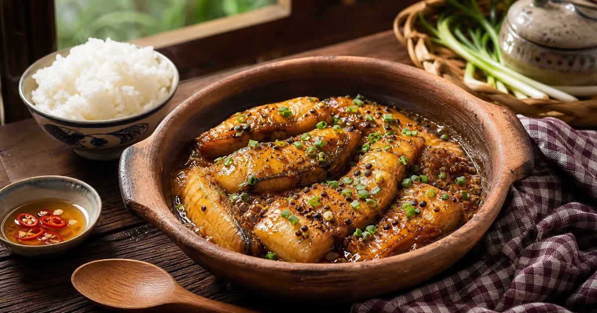 Cá basa một nắng rim sa tế, sốt nâu đỏ bám cá, sả ớt và tỏi