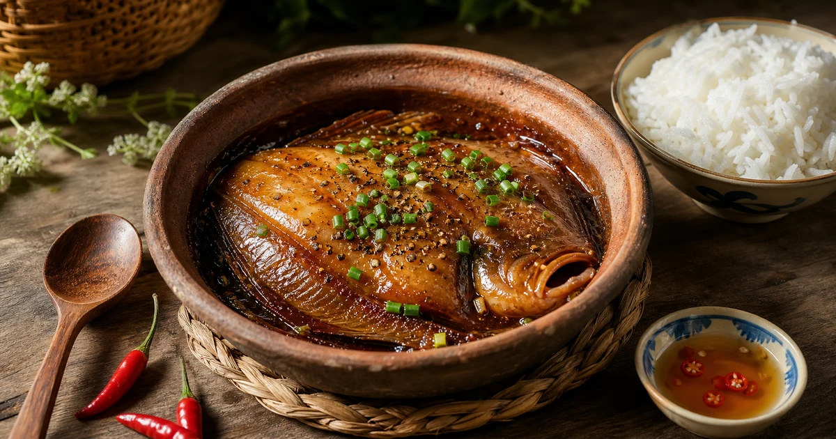 Cá lưỡi trâu nấu kiểu kho trong nồi đất, nước sốt nâu óng và hành lá