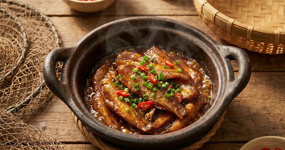 Đĩa cá khô một nắng kho tộ đất nung vàng đậm, thơm nức mũi