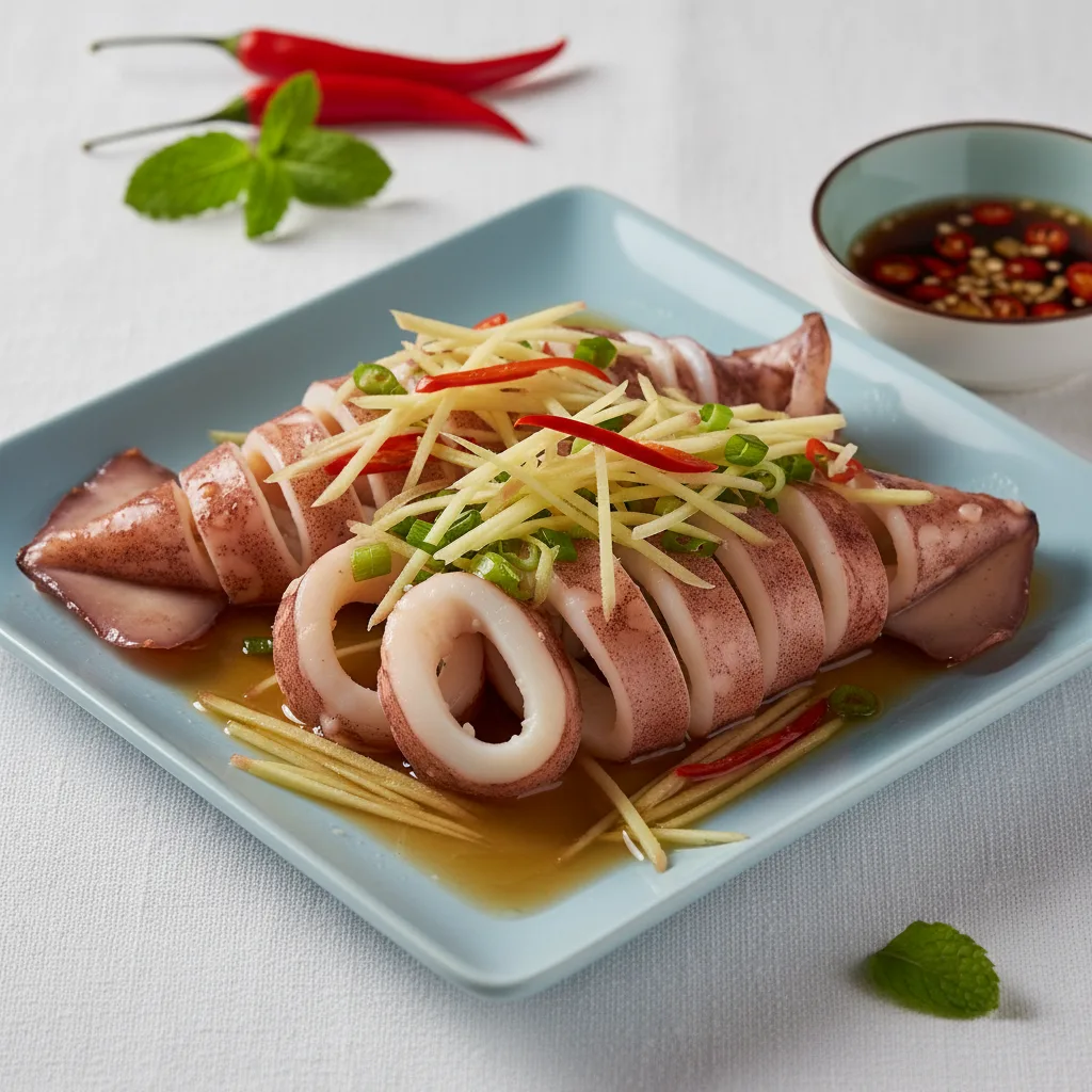 Mực một nắng hấp gừng vàng ngon, thơm nức trên đĩa trắng