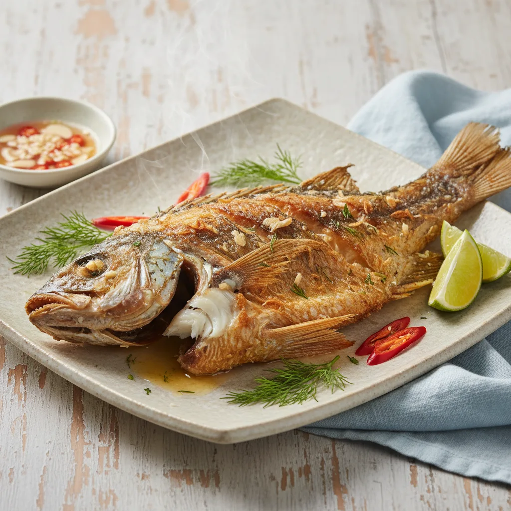 Đĩa cá dứa một nắng chiên bơ vàng óng, giòn rụm, có vài nhánh parsley, nền gỗ ấm