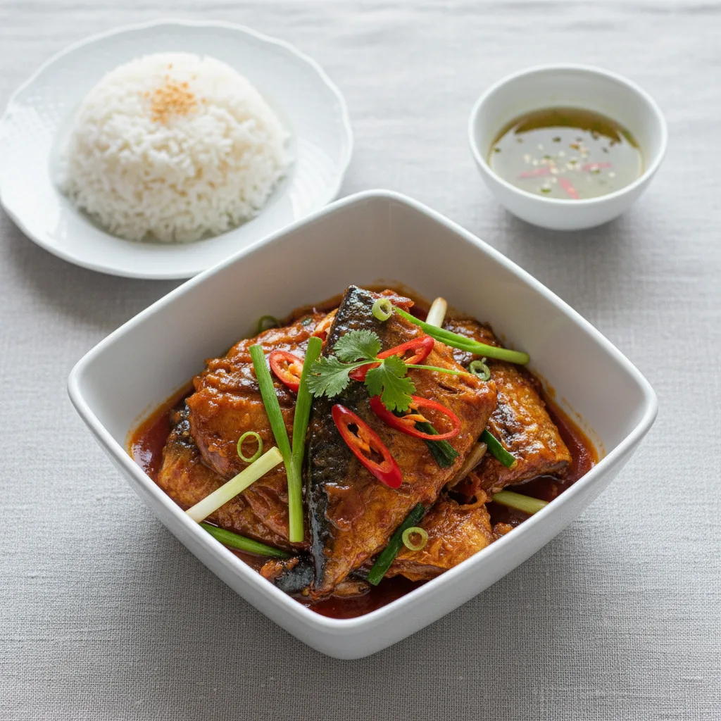Đĩa cá thu một nắng kho me chua ngọt vàng óng, nước kho sánh quyện, thịt cá mềm ngọt beo béo
